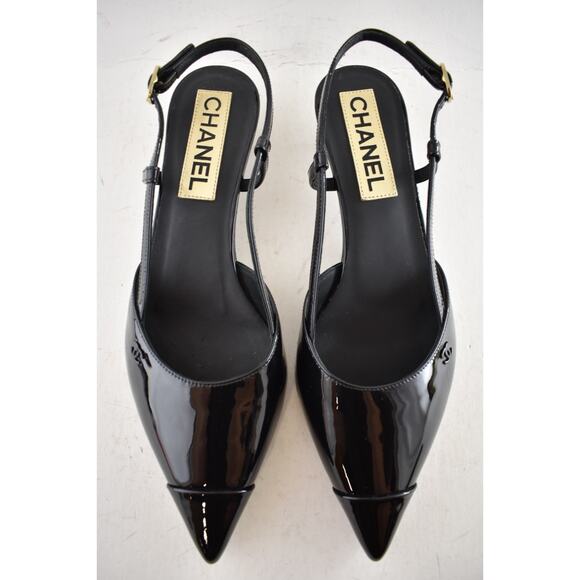 Chanel 22K Black Patent Leather CC Sling Slingback Sandal Pointed Kitten Heel 37 - Picture 6 of 14